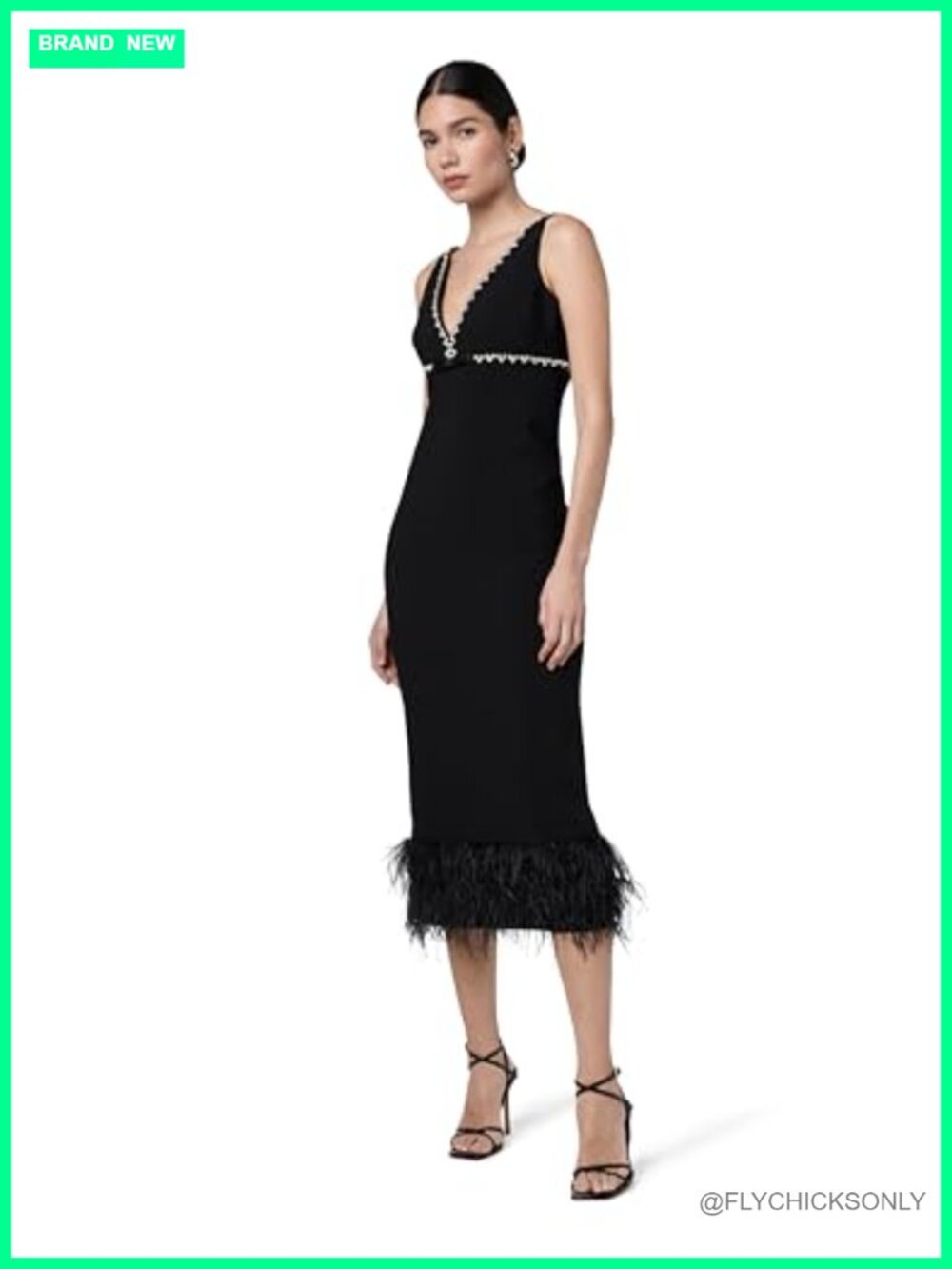 Women's Midi Mermaid Dress with Jeweled Neckline & Feather Hem Formal